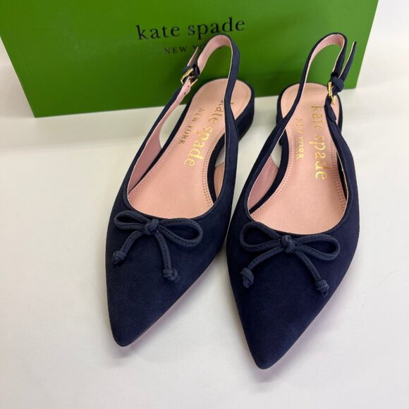 Kate Spade Veronica Flat Size 6.5 B Navy Suede Slingback Bow Pointed Toe Shoe - Picture 2 of 15